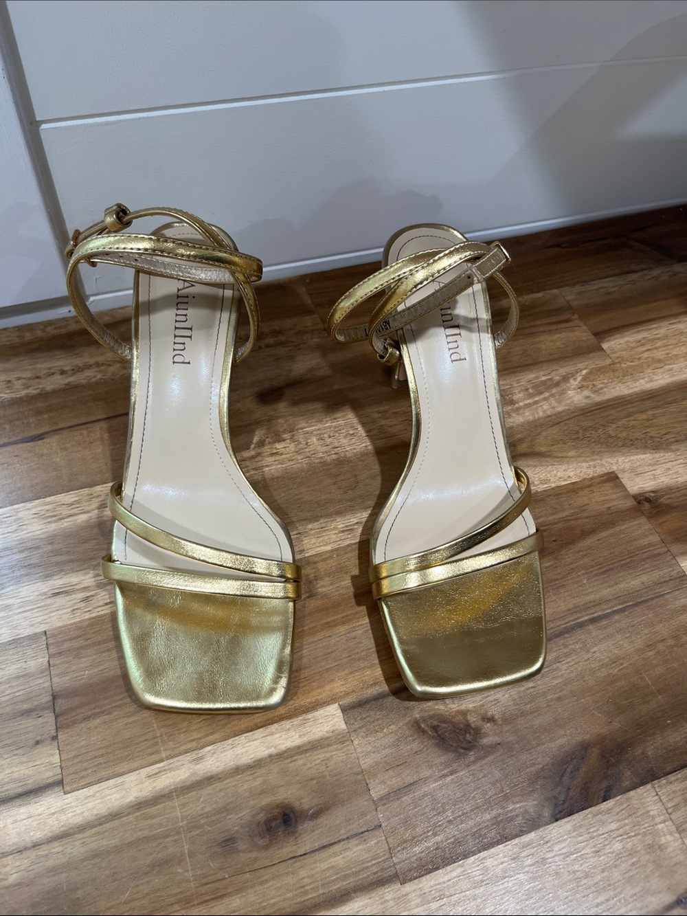 Gold Strappy Square-Toe Heels
